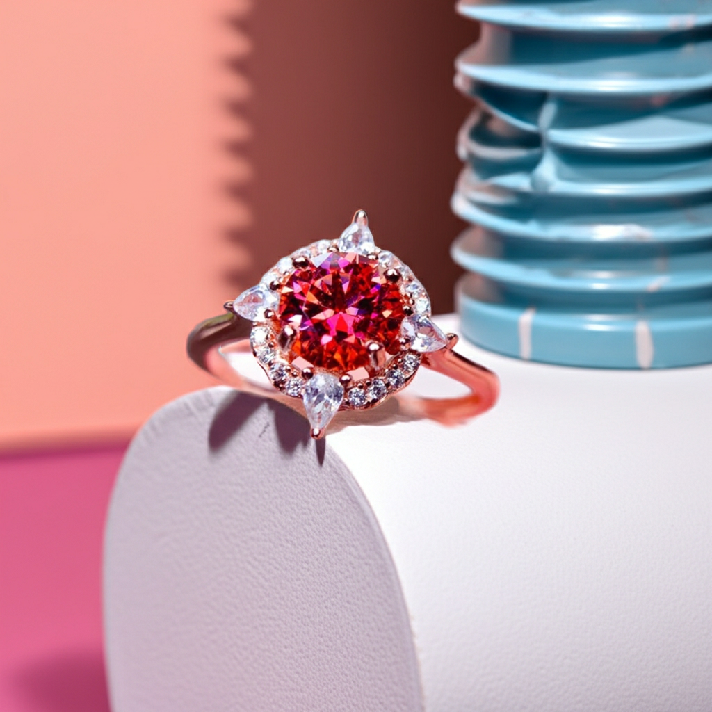 VVS1 Round Brilliant Cut 1 CT Red Moissanite Ring 6.5mm