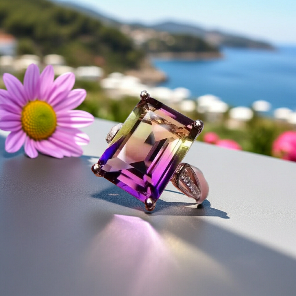 7.5CT Emerald Cut Ametrine Gemstone Ring 10x14mm