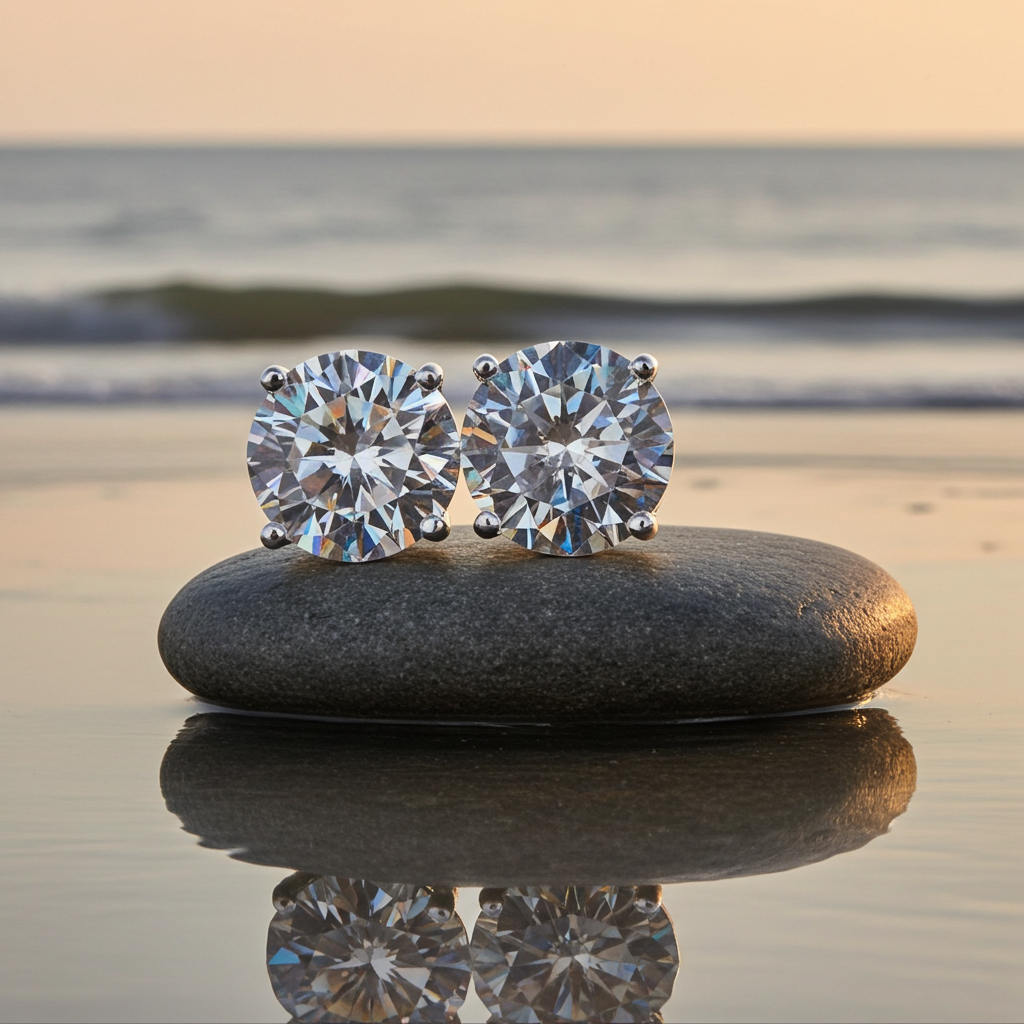 VVS1 Round Brilliant Cut White Moissanite Stud Earrings 1CT, 2CT or 3CT