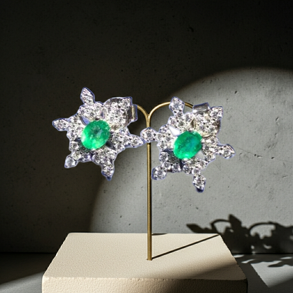 Zambian Emerald Snowflake Earirngs 3x4mm Platinum Plated