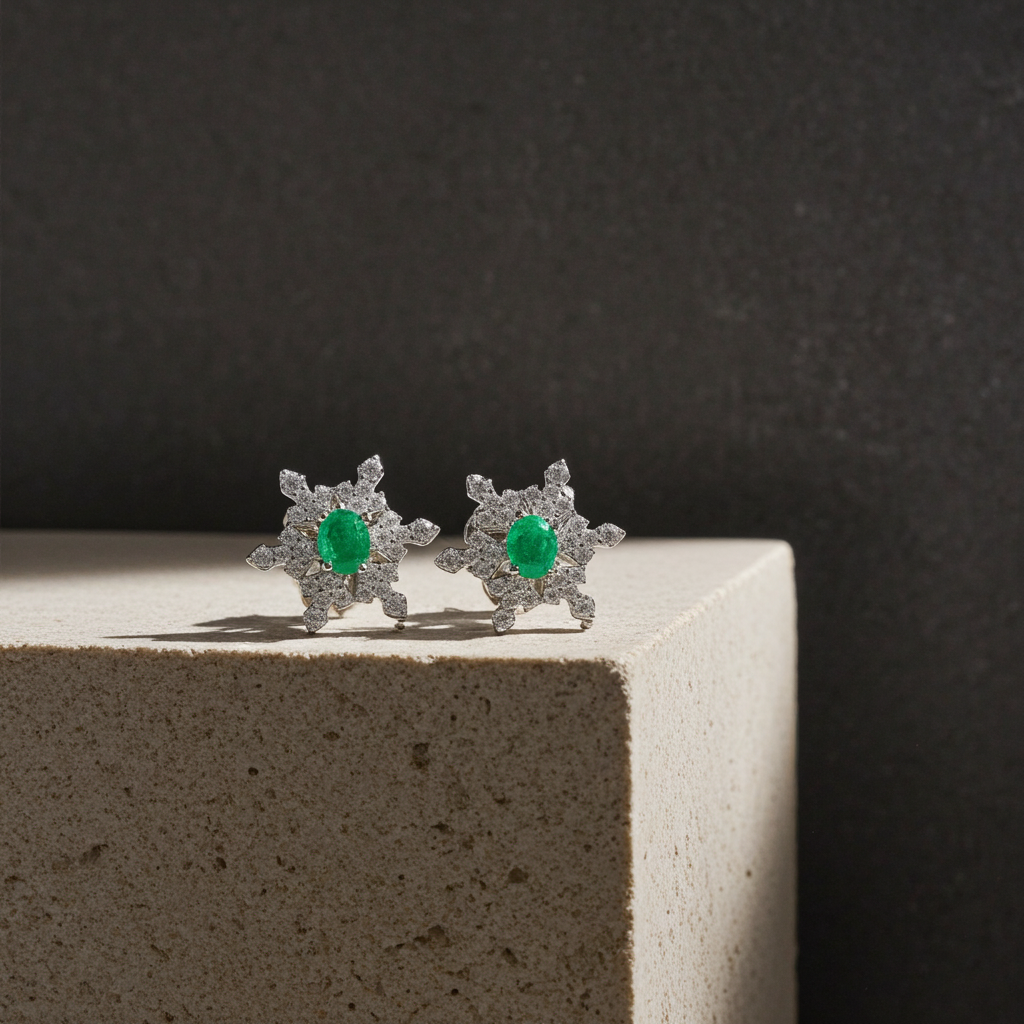 Zambian Emerald Snowflake Earirngs 3x4mm Platinum Plated