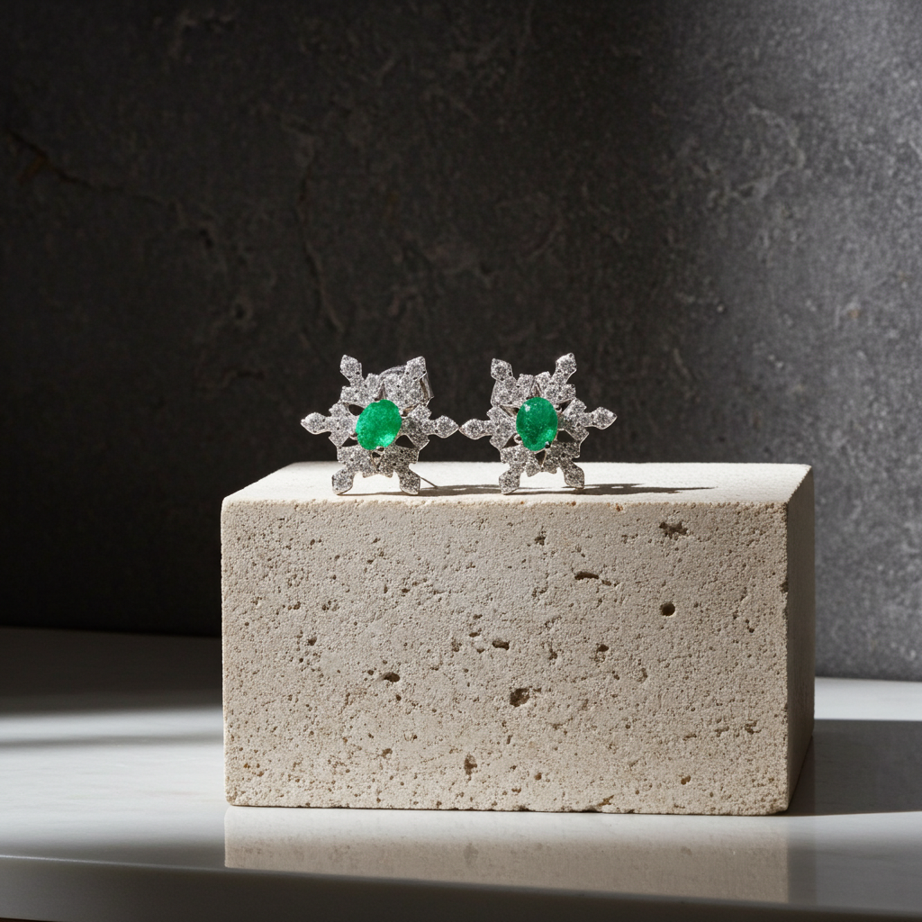 Zambian Emerald Snowflake Earirngs 3x4mm Platinum Plated