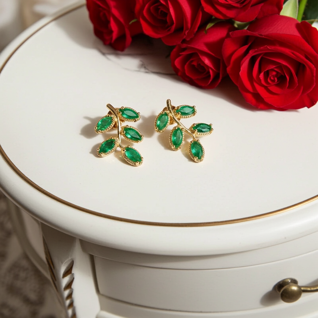 Natural Zambian Emerald Leaf Stud Earrings 14k Gold Plated