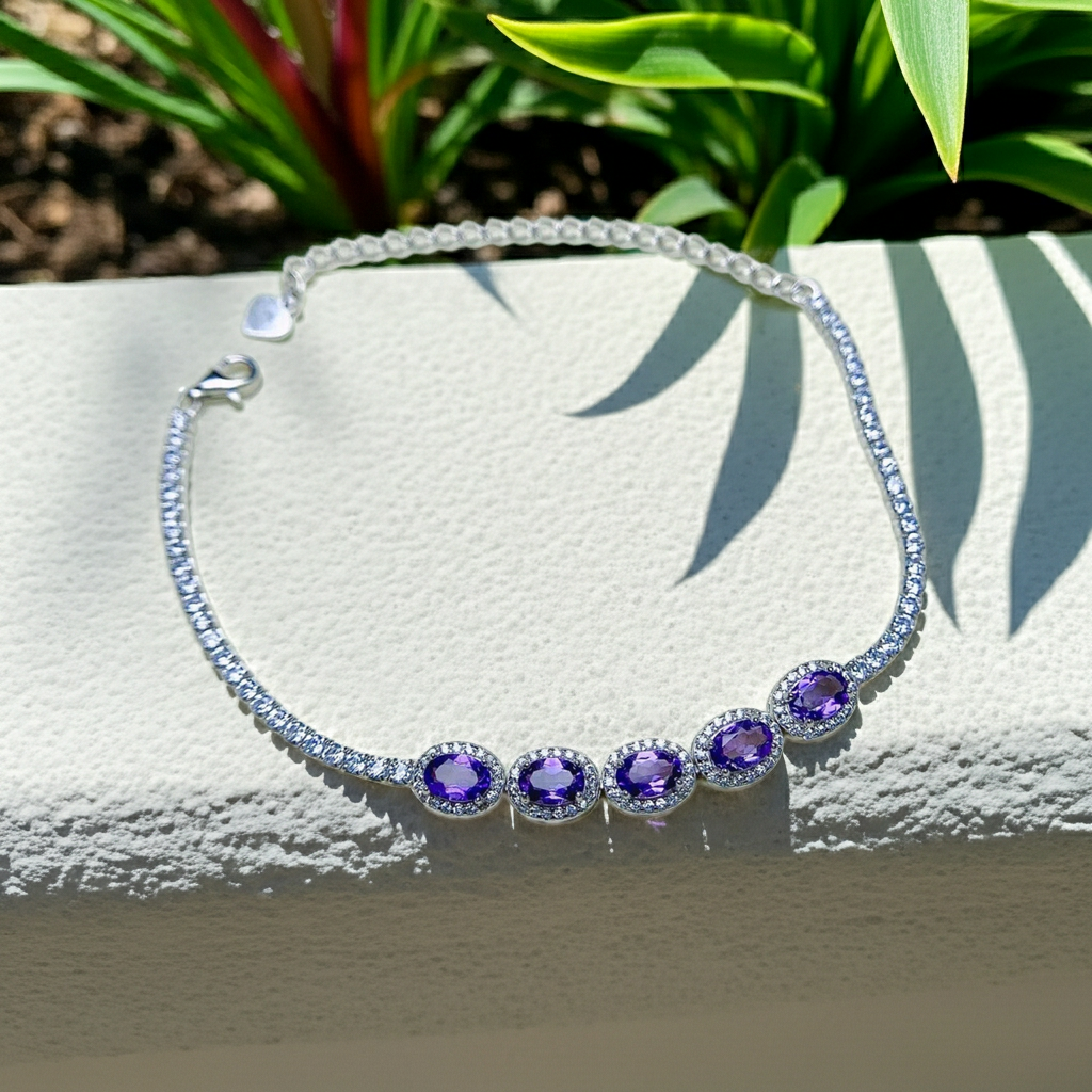 Natural Amethyst and Cubic Zirconia Tennis Bracelet 4x6mm