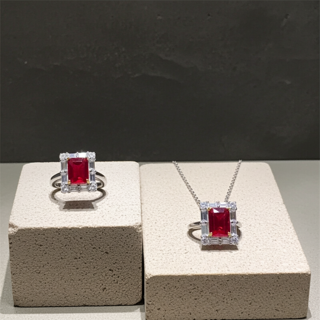 Natural Ruby Jewelry Set, Women's Ruby Pendant and Ring, Ruby Ring and Pendant