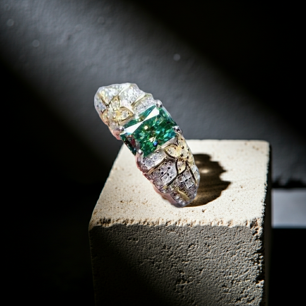 VVS1 1 Carat Radiant Cut Green Moissanite Ring