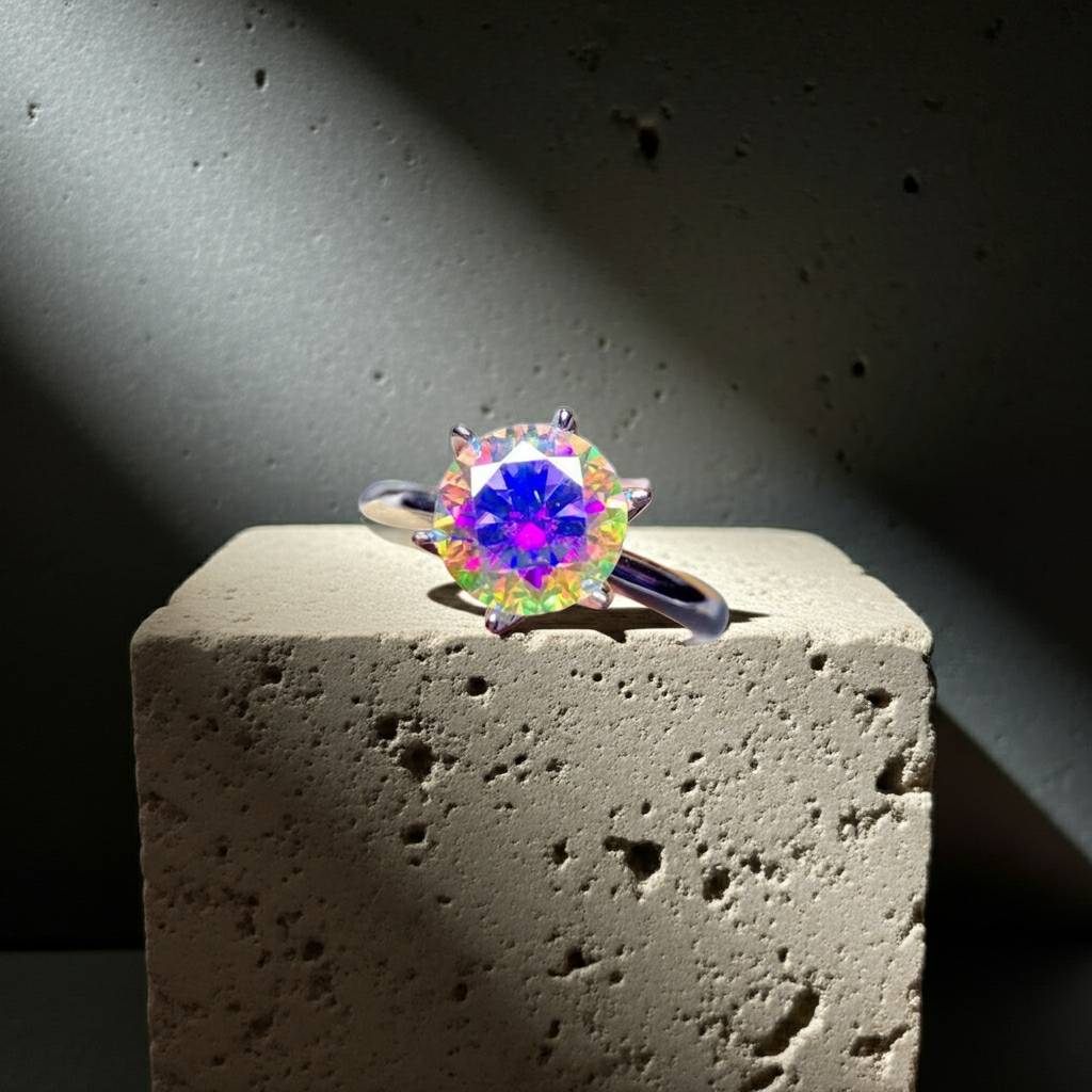 2CT VVS1 Round Brilliant Cut Iridescent Moissanite Ring