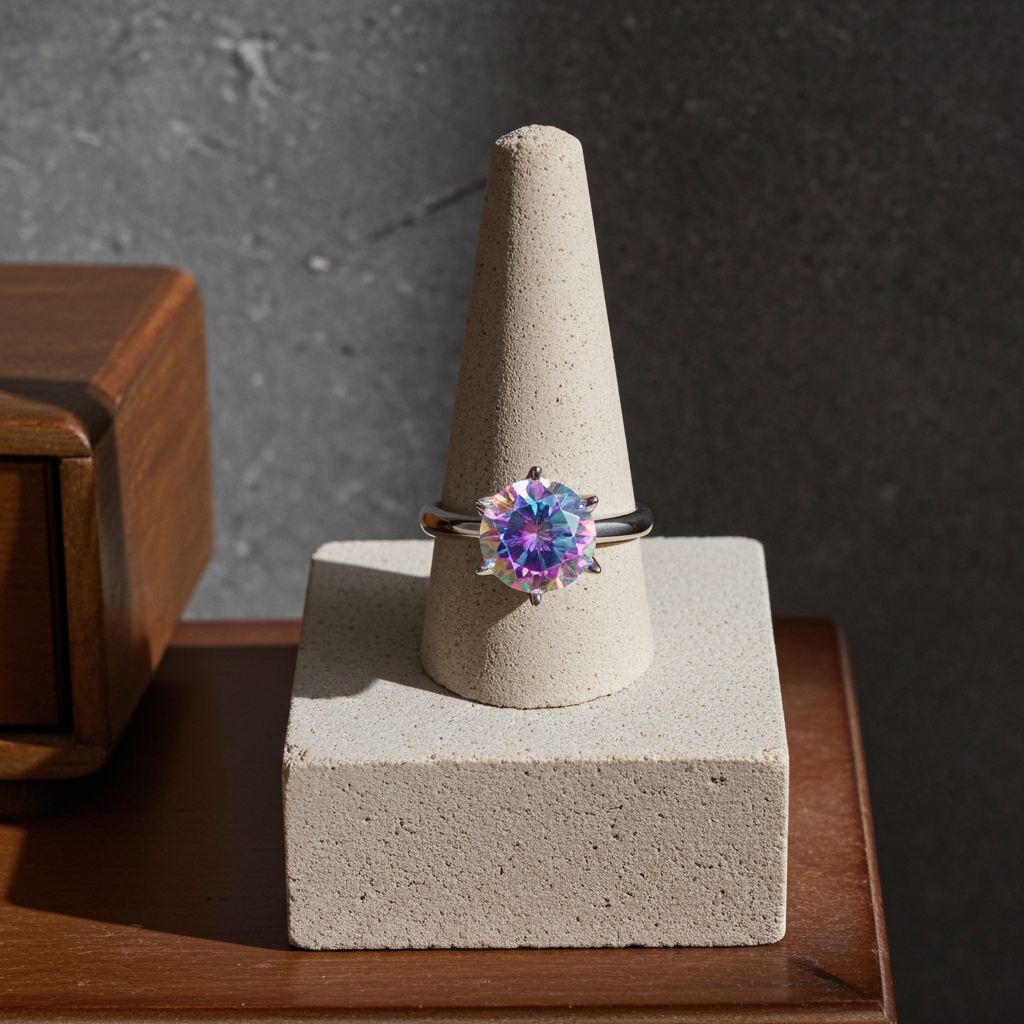 2CT VVS1 Round Brilliant Cut Iridescent Moissanite Ring