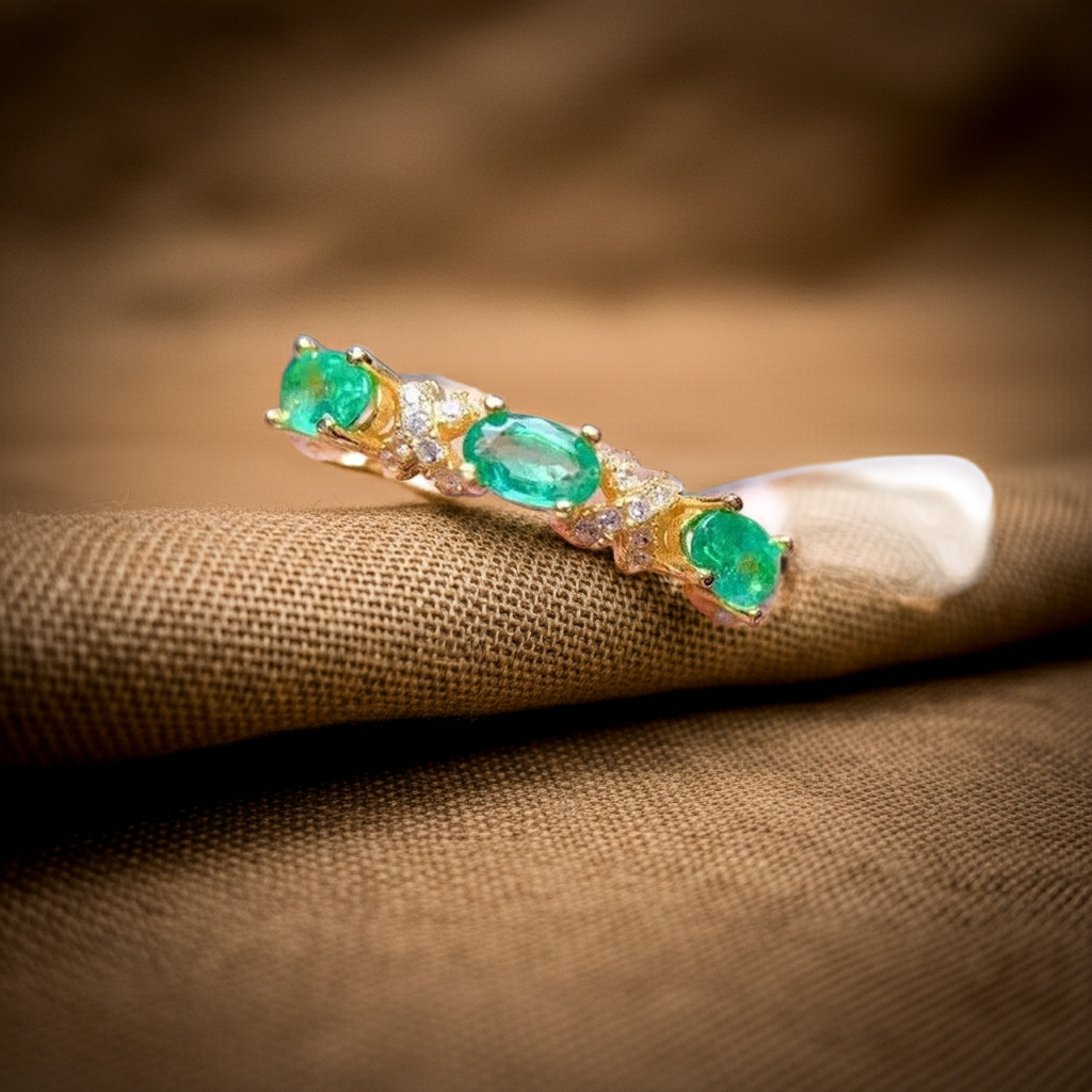 Natural Colombian Band Ring Oval Cut 3x4mm, Sterling Silver Emerald Band Ring