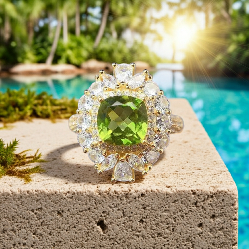 Natural Peridot Gemstone Crystal Cluster Ring 8mm