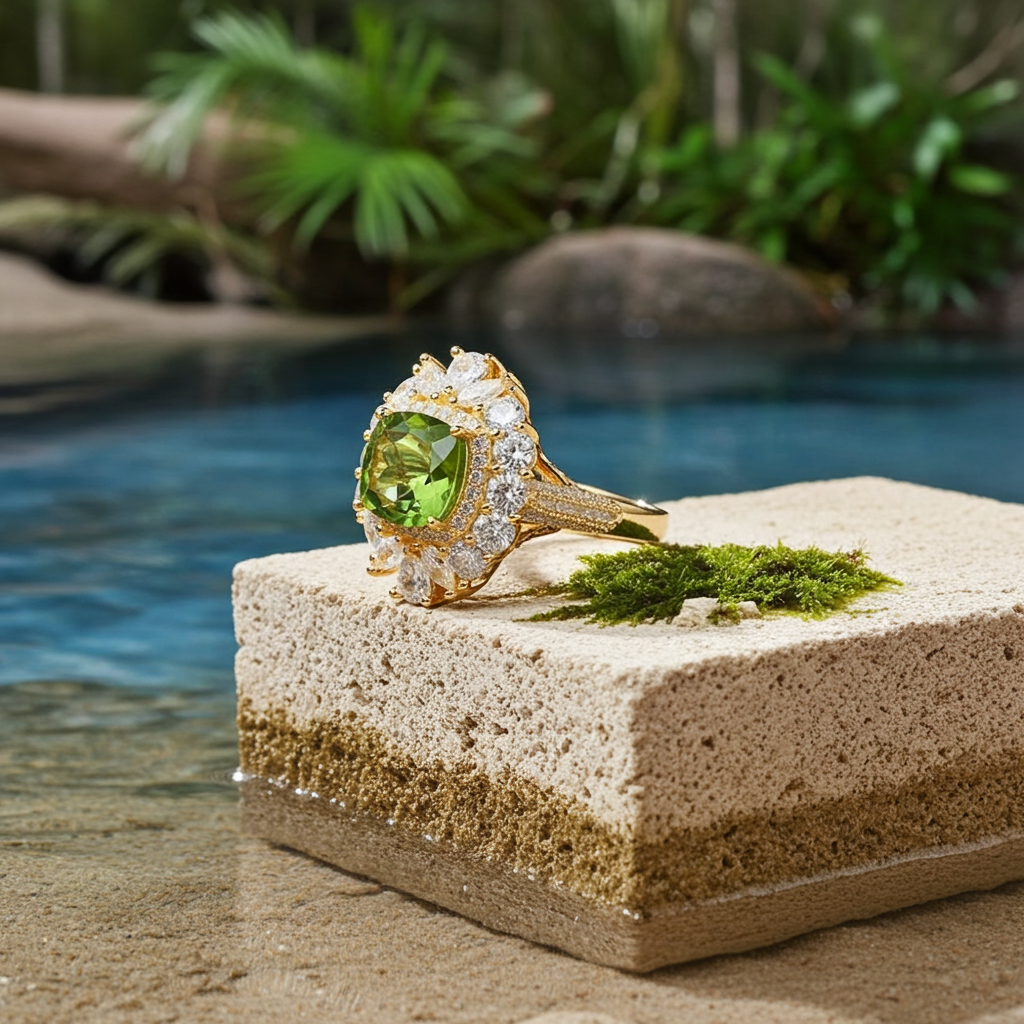 Natural Peridot Gemstone Crystal Cluster Ring 8mm