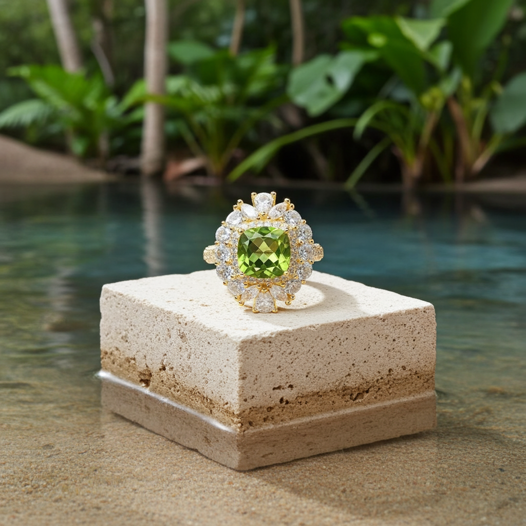 Natural Peridot Gemstone Crystal Cluster Ring 8mm