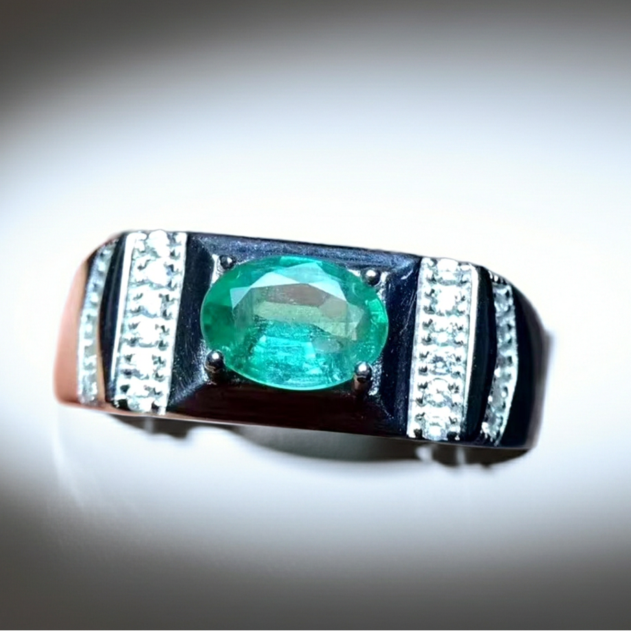 Men's Emerald Ring, Natural Emerald Men's Ring 925 Sterling Silver 5x7mm