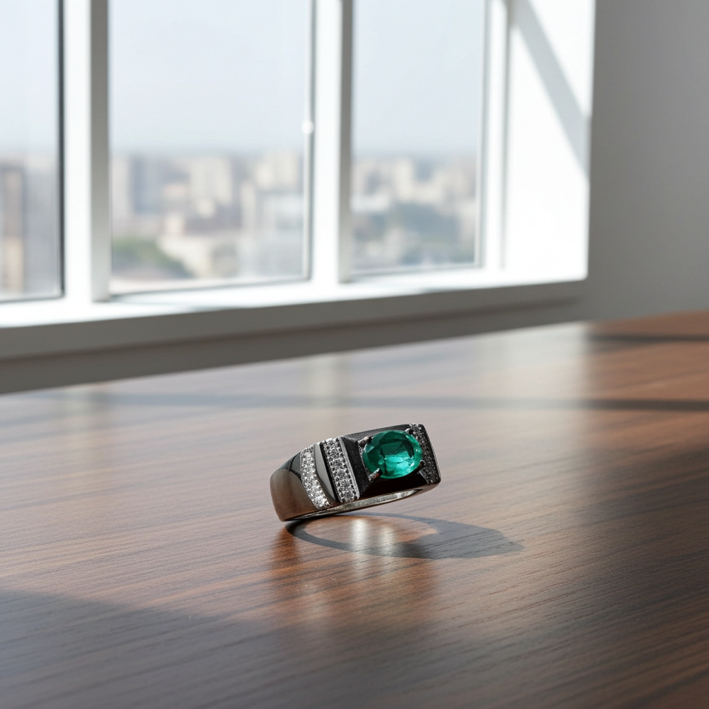 Men's Emerald Ring, Natural Emerald Men's Ring 925 Sterling Silver 5x7mm