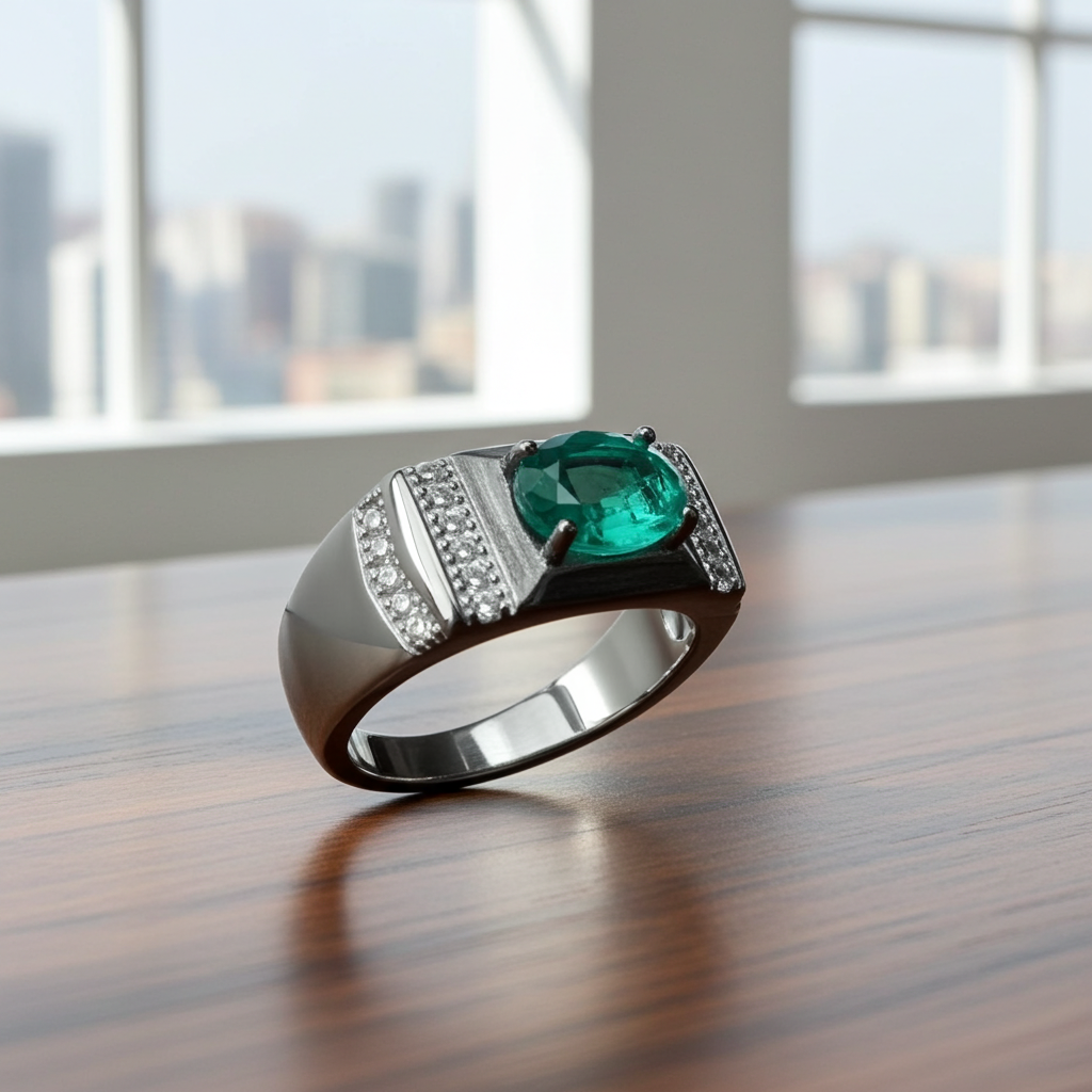 Men's Emerald Ring, Natural Emerald Men's Ring 925 Sterling Silver 5x7mm