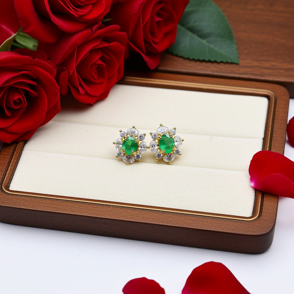Dainty Zambian Emerald Stud Earrings 3x4mm 14k Gold Plated