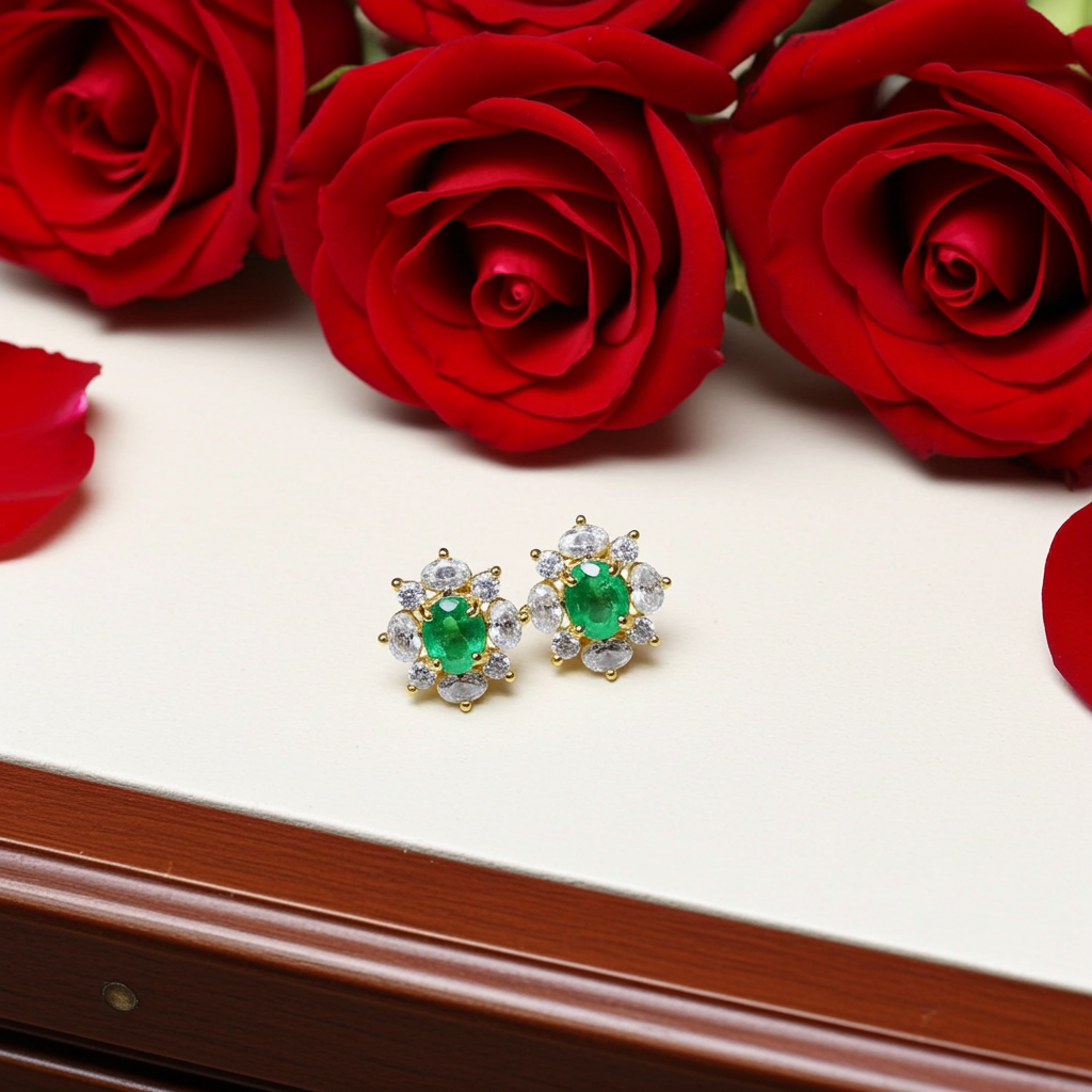 Dainty Zambian Emerald Stud Earrings 3x4mm 14k Gold Plated
