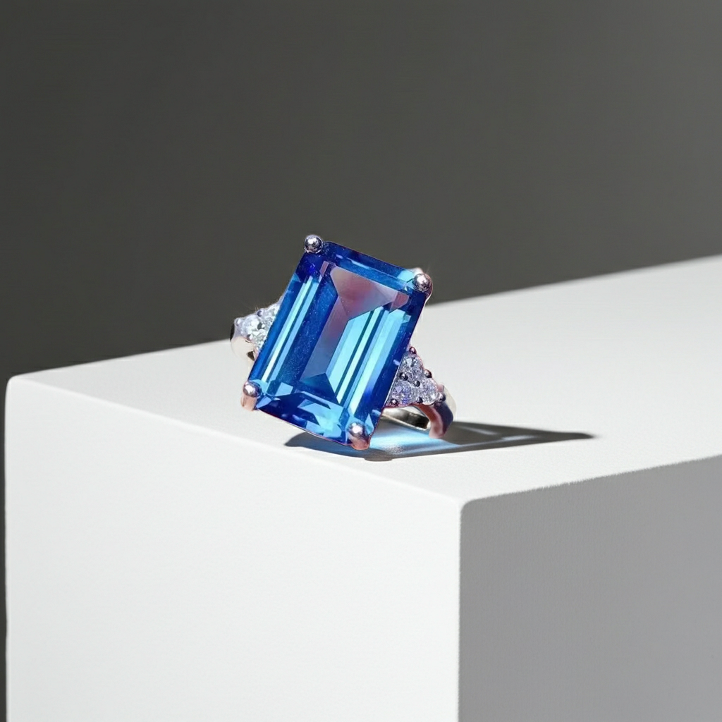 Natural London Blue Topaz ring featuring a genuine 10x14mm emerald-cut gemstone with trillion-cut cubic zirconia side stones in platinum-plated 925 sterling silver, front view.