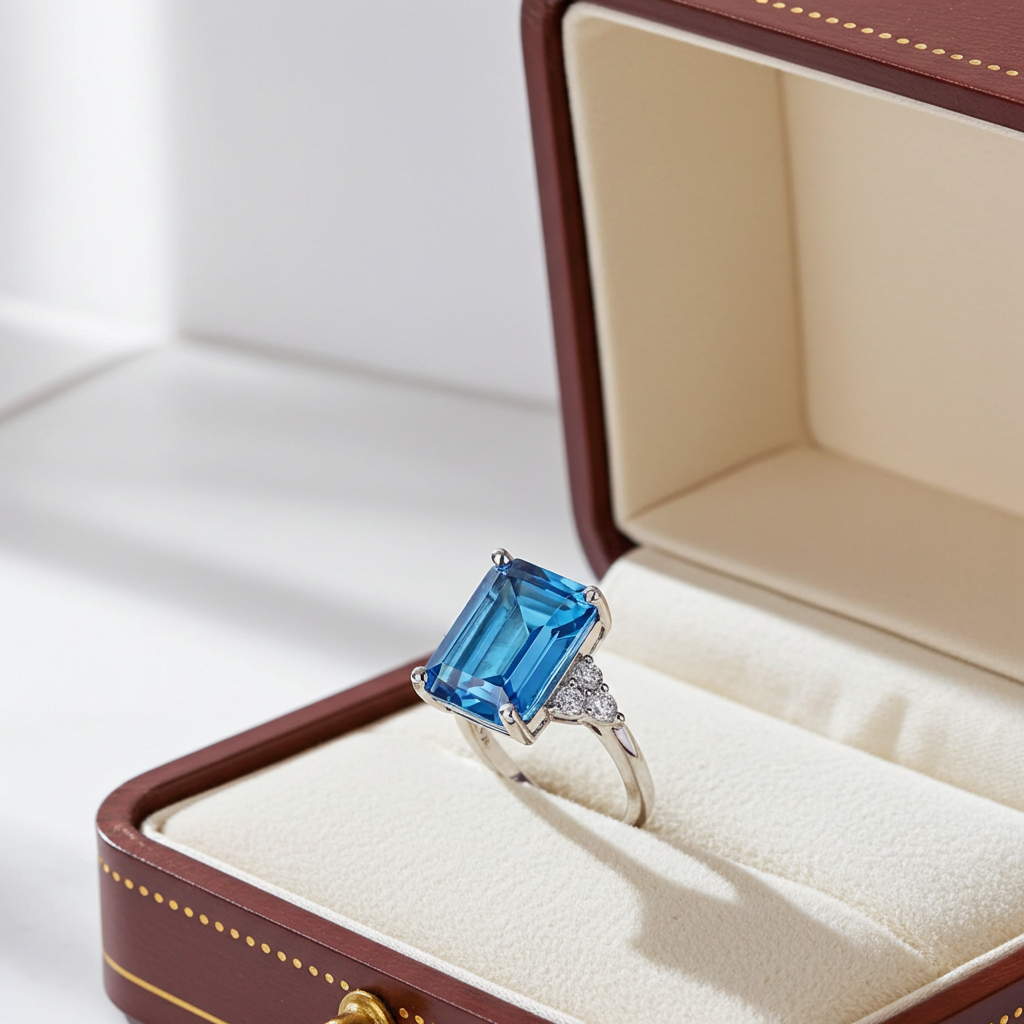Natural London Blue Topaz ring featuring a genuine 10x14mm emerald-cut gemstone with trillion-cut cubic zirconia side stones in platinum-plated 925 sterling silver, front view.