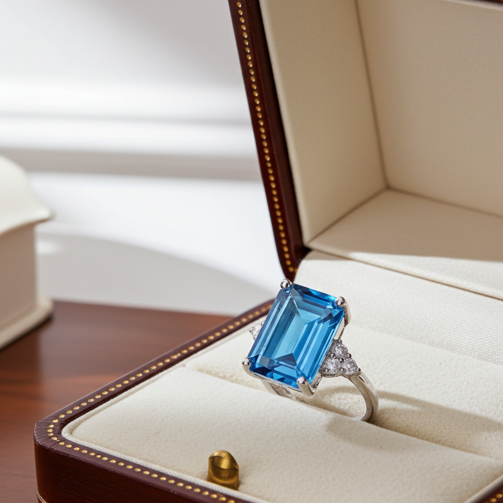 Natural London Blue Topaz ring featuring a genuine 10x14mm emerald-cut gemstone with trillion-cut cubic zirconia side stones in platinum-plated 925 sterling silver, front view.