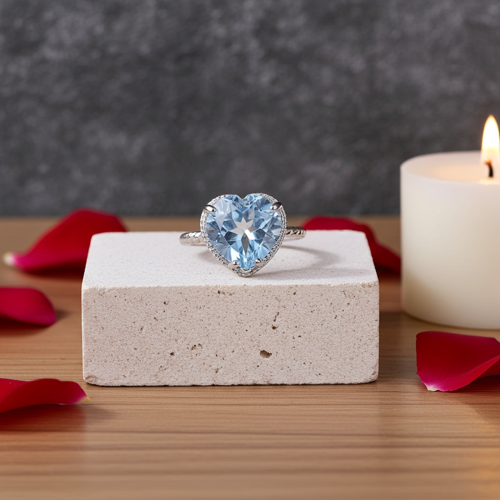 Swiss Blue Topaz Gemstone Heart Ring 7mm