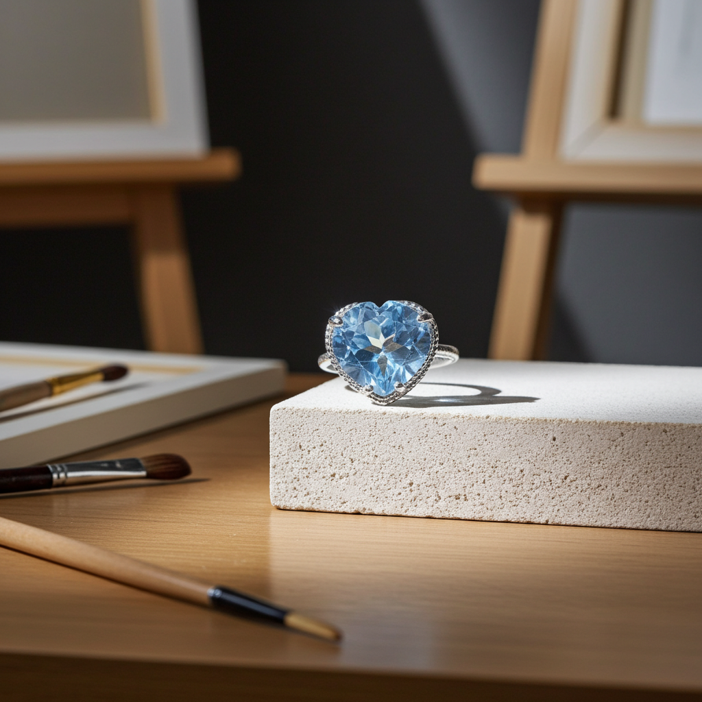 Swiss Blue Topaz Gemstone Heart Ring 7mm