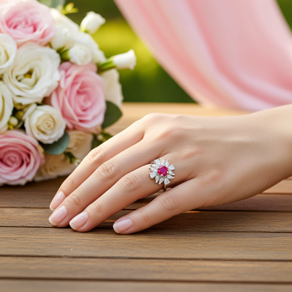 Dainty Ruby Cluster Cocktail Ring 3x4mm, Natural Ruby Ring Sterling Silver