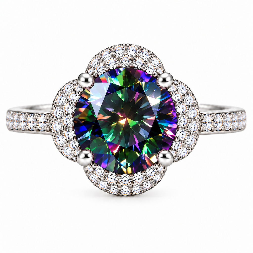 Front view of Phimsera 2 carat black rainbow moissanite floral halo ring featuring an 8mm round brilliant gemstone with vivid green, blue, violet and purple reflections, four polished prongs, sparkling cubic zirconia floral halo and pavé-accented 925 sterling silver band against a pure white background.