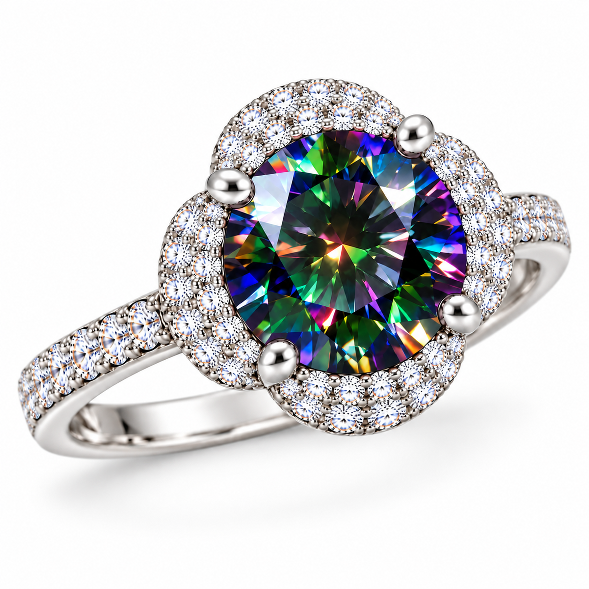 Three-quarter view of an 8mm black rainbow moissanite ring showcasing the brilliant multicolored center gemstone, sparkling four-petal cubic zirconia halo, polished four-prong setting and elegant sterling silver band.