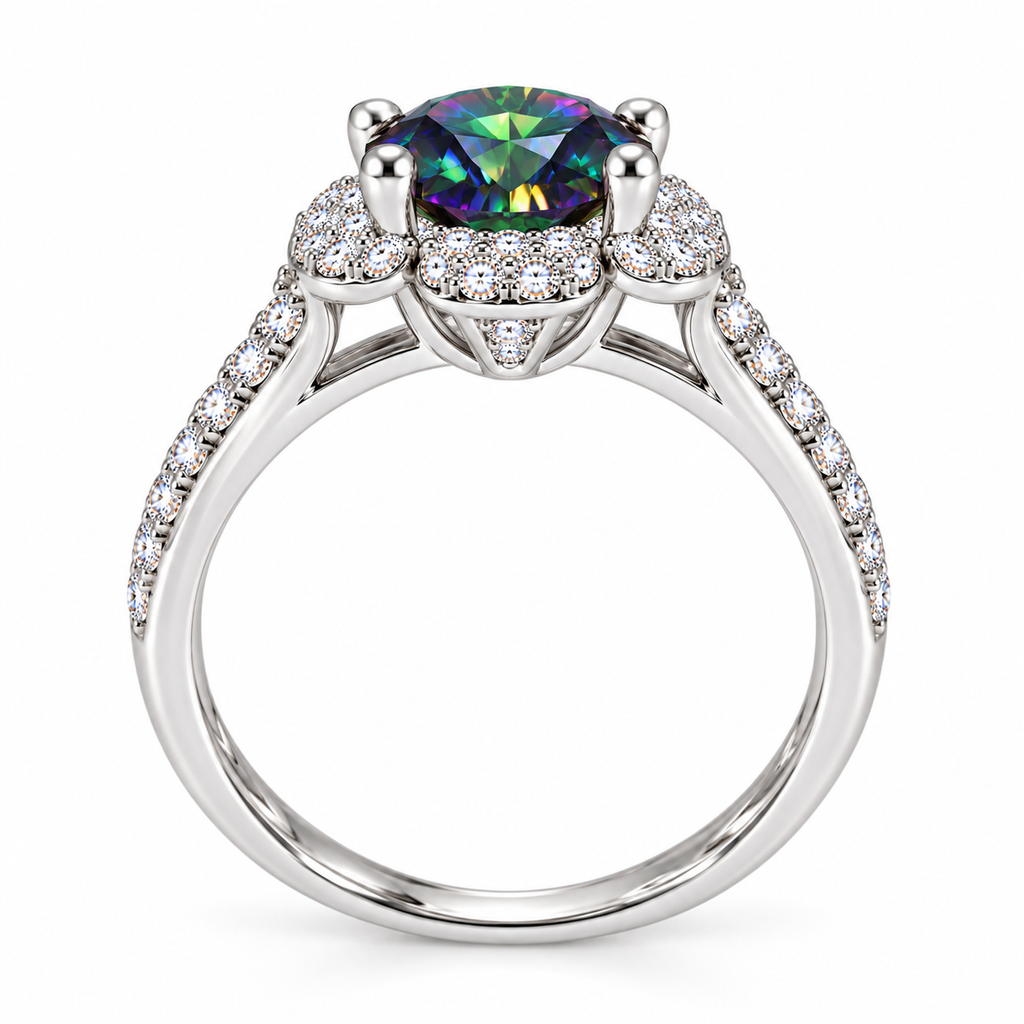 Side profile of a black rainbow moissanite floral halo ring showing the raised 8mm center gemstone, polished four-prong setting, decorative floral halo gallery and slender pavé-accented 925 sterling silver band.