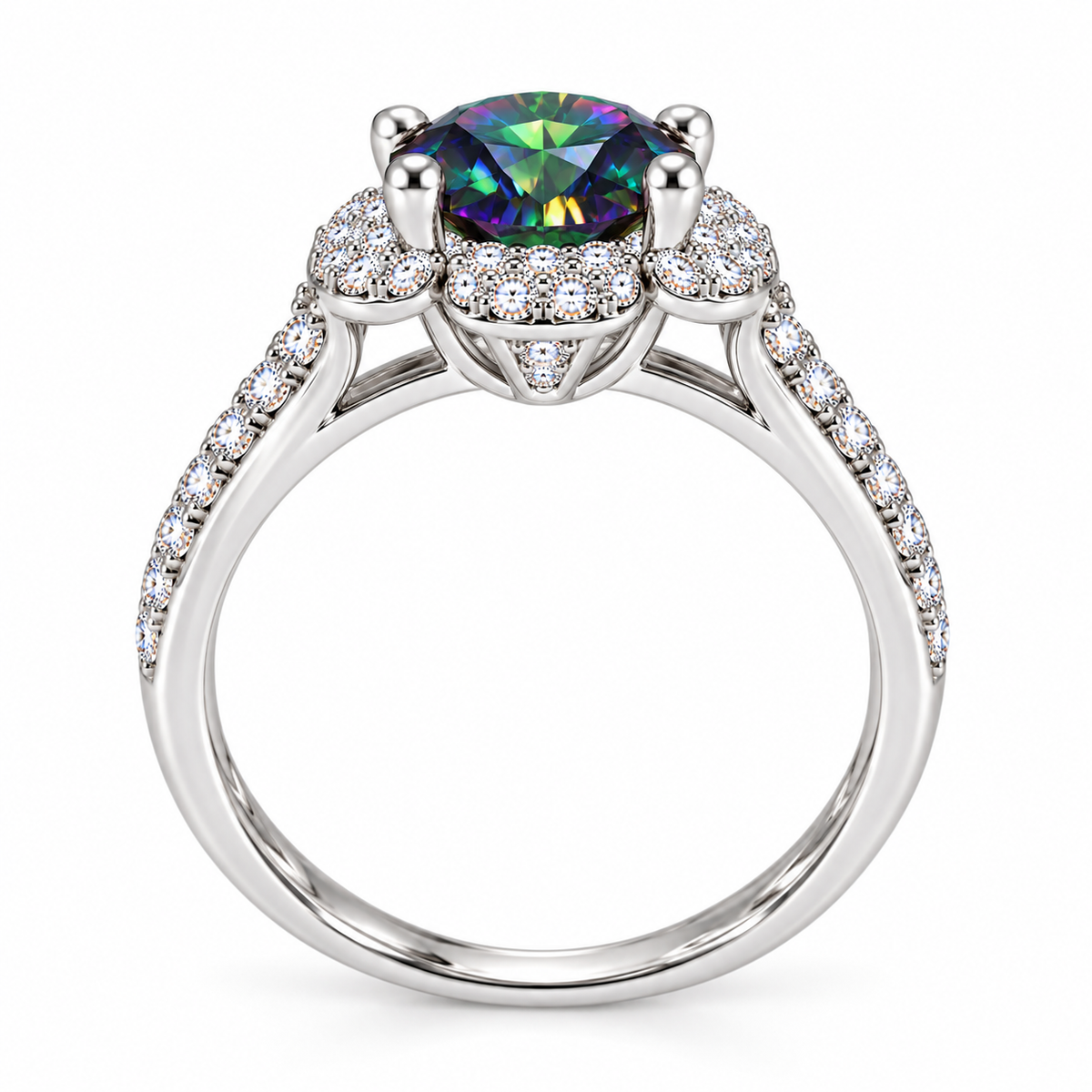 Side profile of a black rainbow moissanite floral halo ring showing the raised 8mm center gemstone, polished four-prong setting, decorative floral halo gallery and slender pavé-accented 925 sterling silver band.