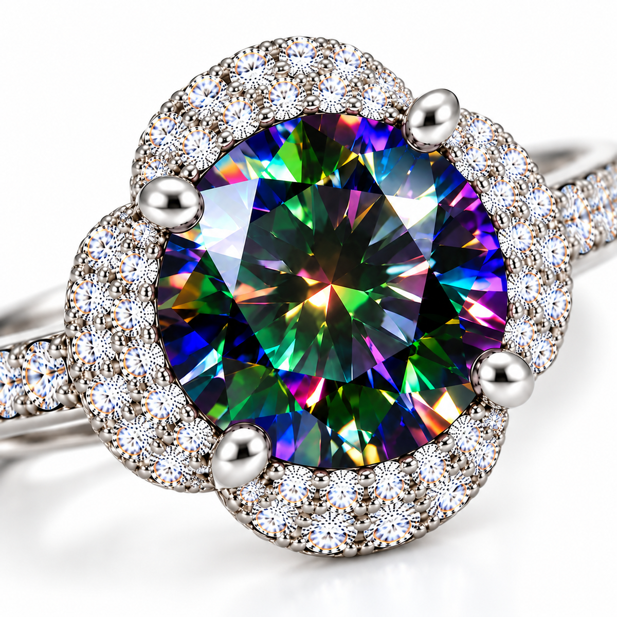 Macro close-up of a 2 carat round brilliant black rainbow moissanite ring revealing deep green, sapphire blue, violet and magenta gemstone reflections, polished prongs and sparkling cubic zirconia floral halo details.