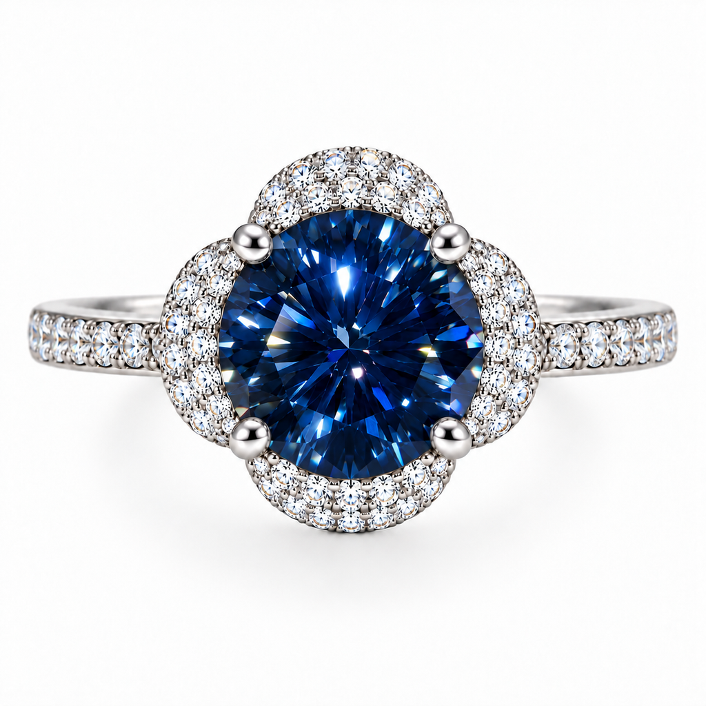 Front view of Phimsera 2 carat 8mm round brilliant deep blue moissanite floral halo ring with four silver prongs, sparkling cubic zirconia petals and a 925 sterling silver pavé band on white.