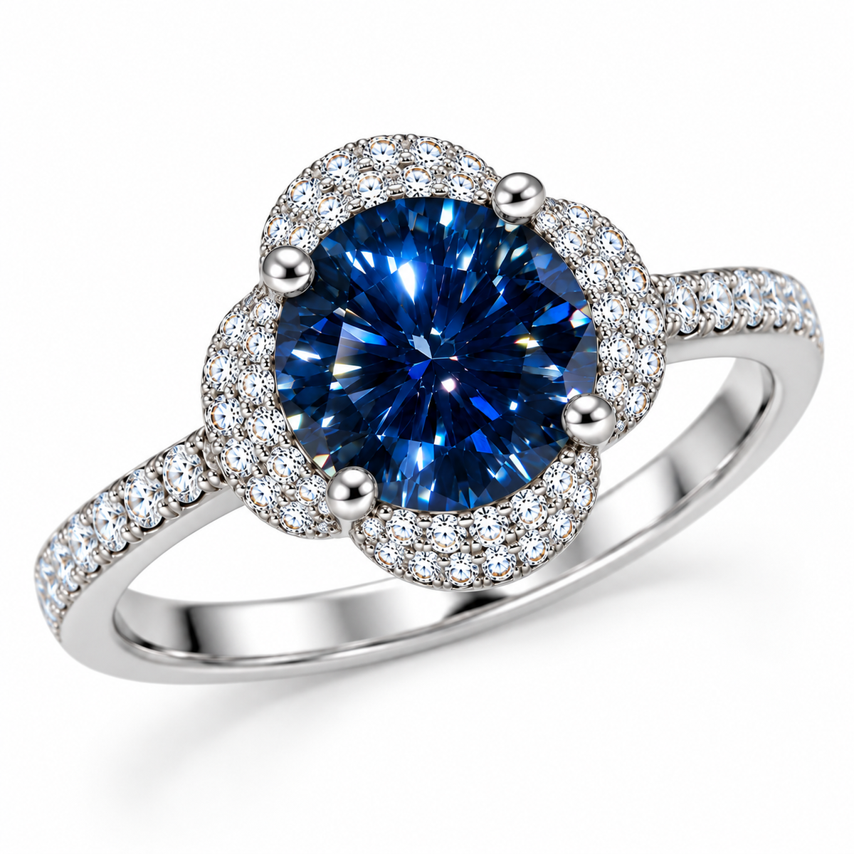 Three-quarter view of a 2 carat VVS1 deep blue moissanite floral halo ring showcasing the royal blue round brilliant gemstone, four-petal cubic zirconia setting and sparkling sterling silver band.