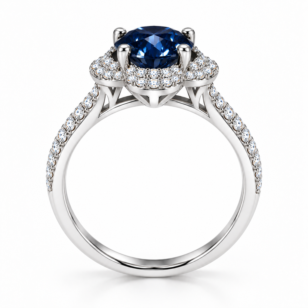 Side profile of a 2 carat deep blue moissanite floral halo ring revealing the raised gemstone basket, open gallery, four-prong setting and pavé-accented 925 sterling silver band.