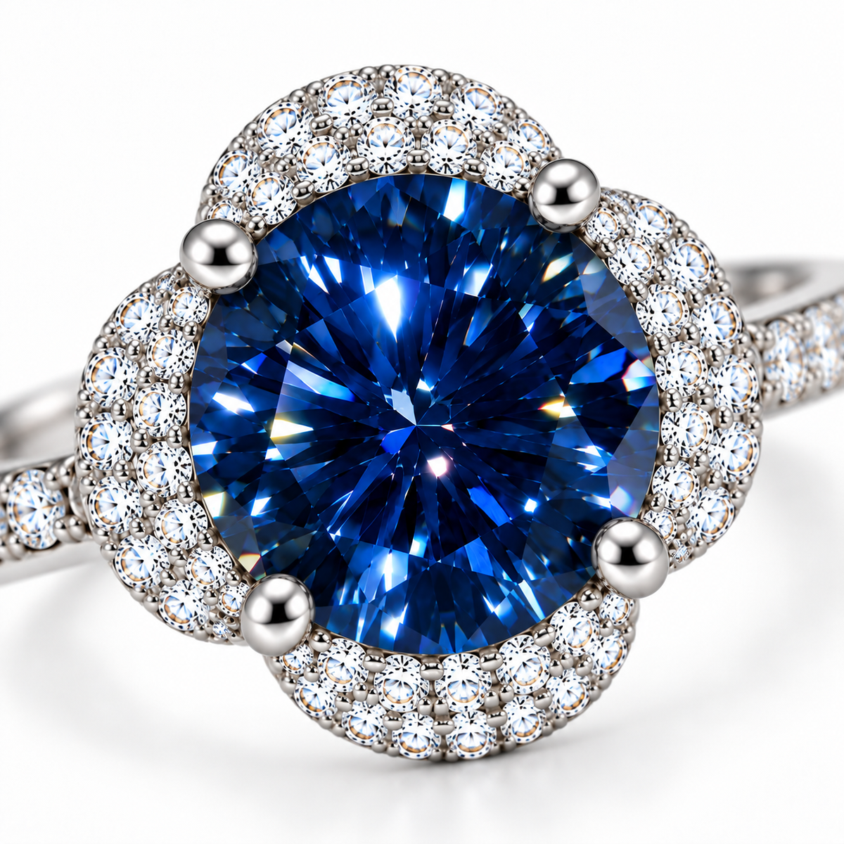 Extreme close-up of a VVS1 deep blue round brilliant moissanite ring highlighting navy and electric blue facets, white reflections, subtle rainbow fire and sparkling cubic zirconia floral halo.