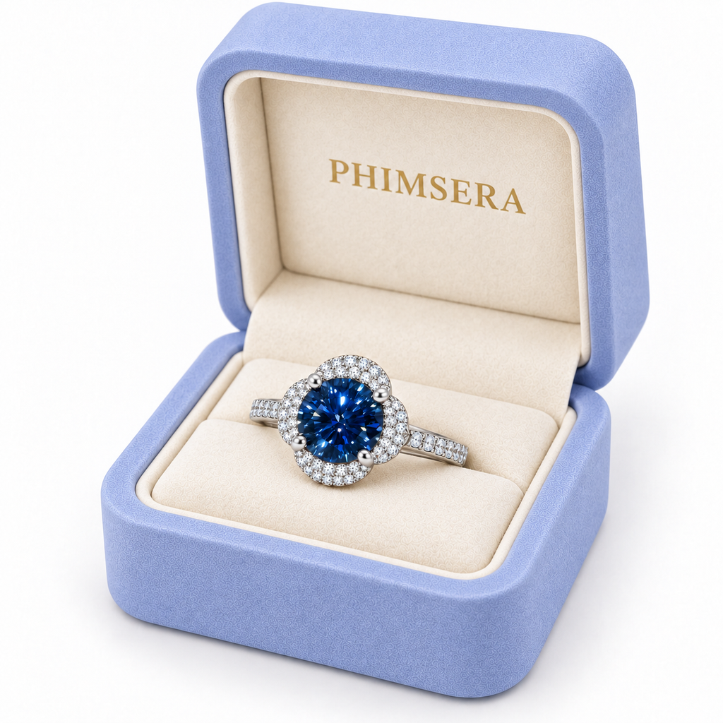 Three-quarter view of an 8mm deep blue moissanite floral halo ring displayed in a periwinkle Phimsera gift box with cream velvet lining and elegant gold branding.