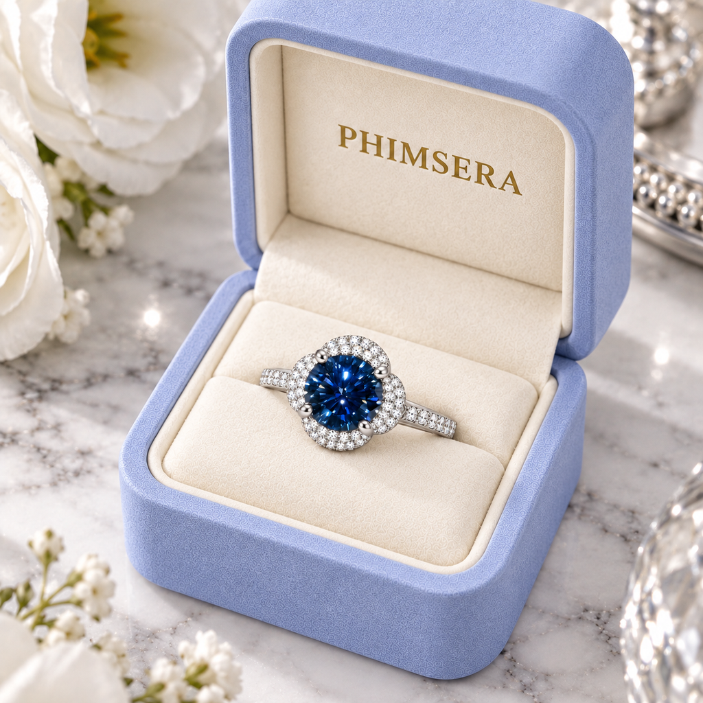 A Pimsera ring with a round blue center stone and a halo of small clear stones on a silver band, displayed inside an open light blue jewelry box on a marble surface with white flowers.
