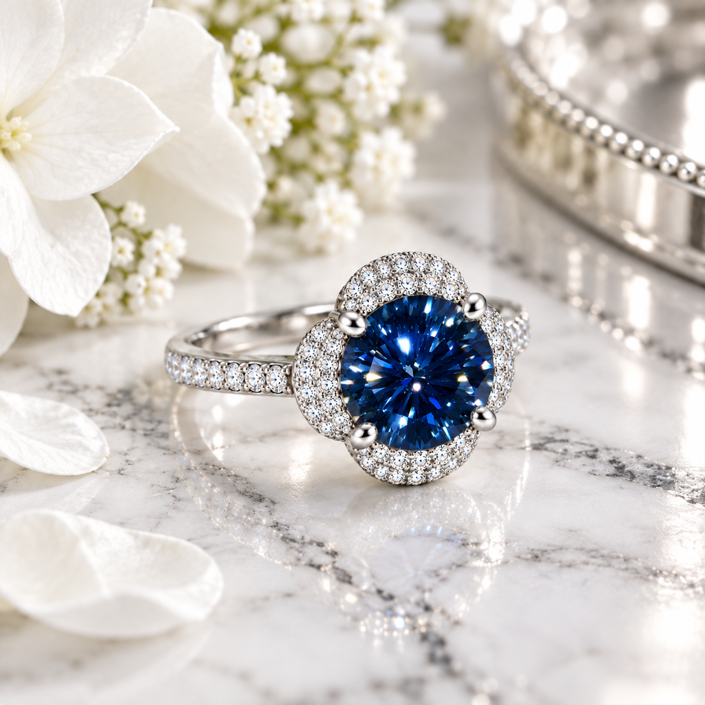 Angled lifestyle photograph of an 8mm royal blue moissanite floral halo ring on elegant white marble beside delicate white flowers and polished silver decorative accents.