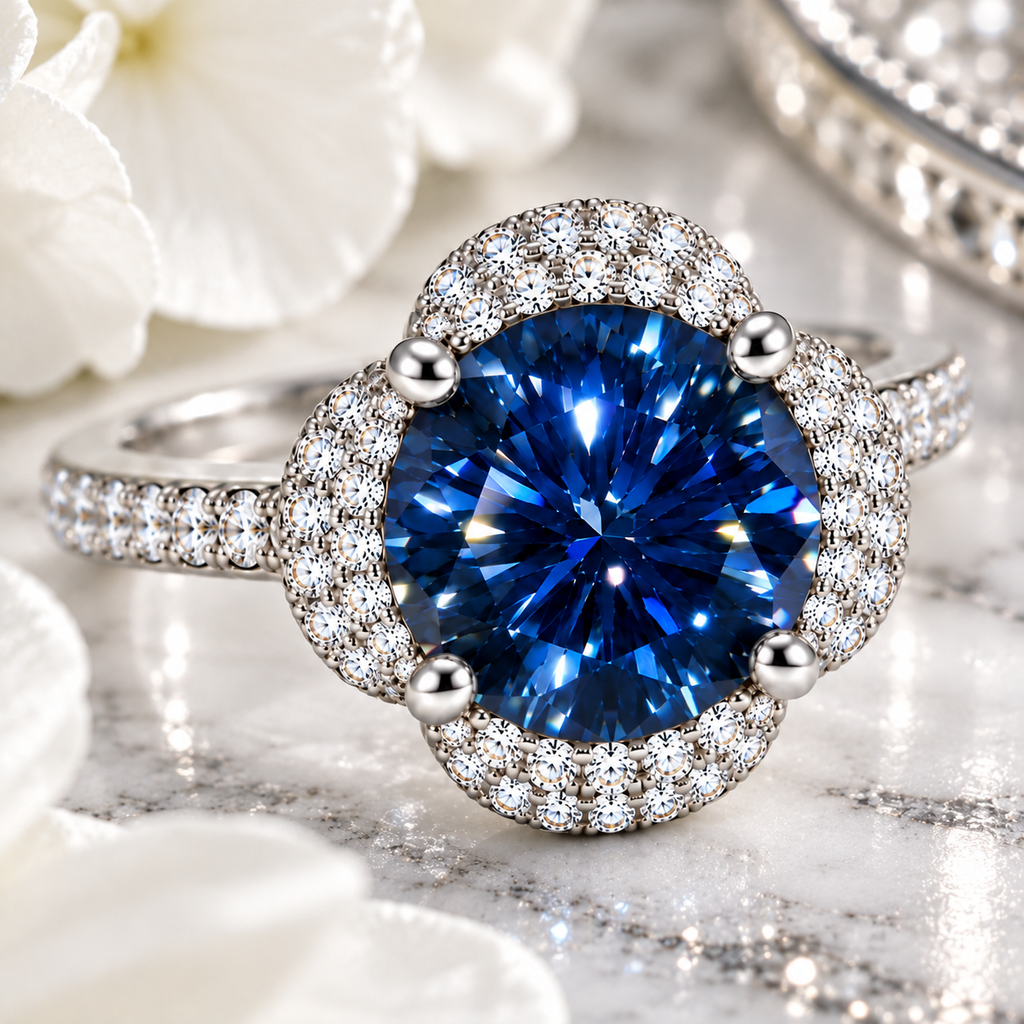 Close-up lifestyle photograph of a deep navy blue moissanite floral halo ring on white marble with soft white flowers, highlighting brilliant blue facets, cubic zirconia petals and silver reflections.