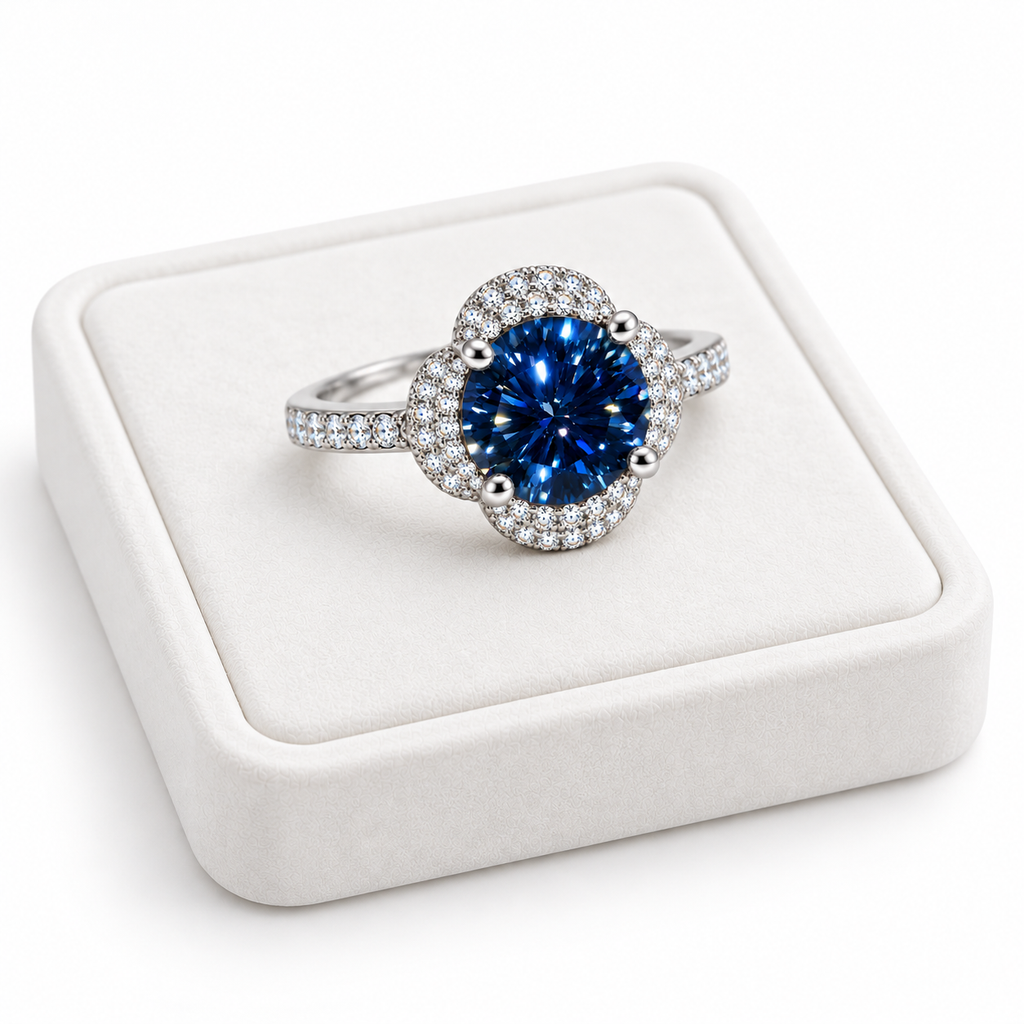 Angled view of a deep blue moissanite floral halo ring resting on a turned white velvet jewelry tray with a white background, highlighting the sparkling cubic zirconia halo and sterling silver band.