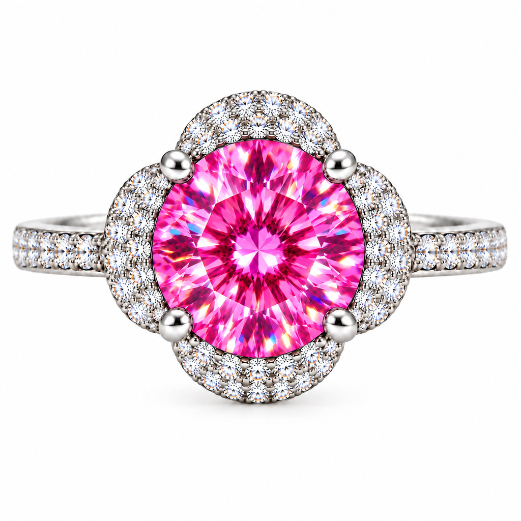 Front view of Phimsera 2 carat VVS1 pink moissanite floral halo ring featuring an 8mm round brilliant fuchsia-pink gemstone with rainbow fire, four polished prongs, sparkling cubic zirconia floral halo and pavé-accented 925 sterling silver band against a pure white background.