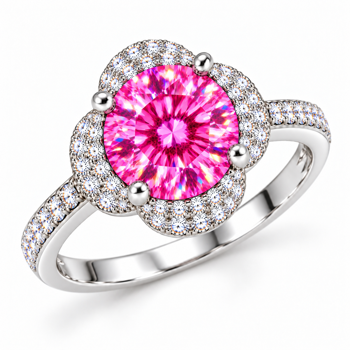 Three-quarter view of a 2 carat pink moissanite floral halo ring showcasing the brilliant 8mm round gemstone, vivid raspberry-pink reflections, sparkling four-petal cubic zirconia halo and polished sterling silver band.