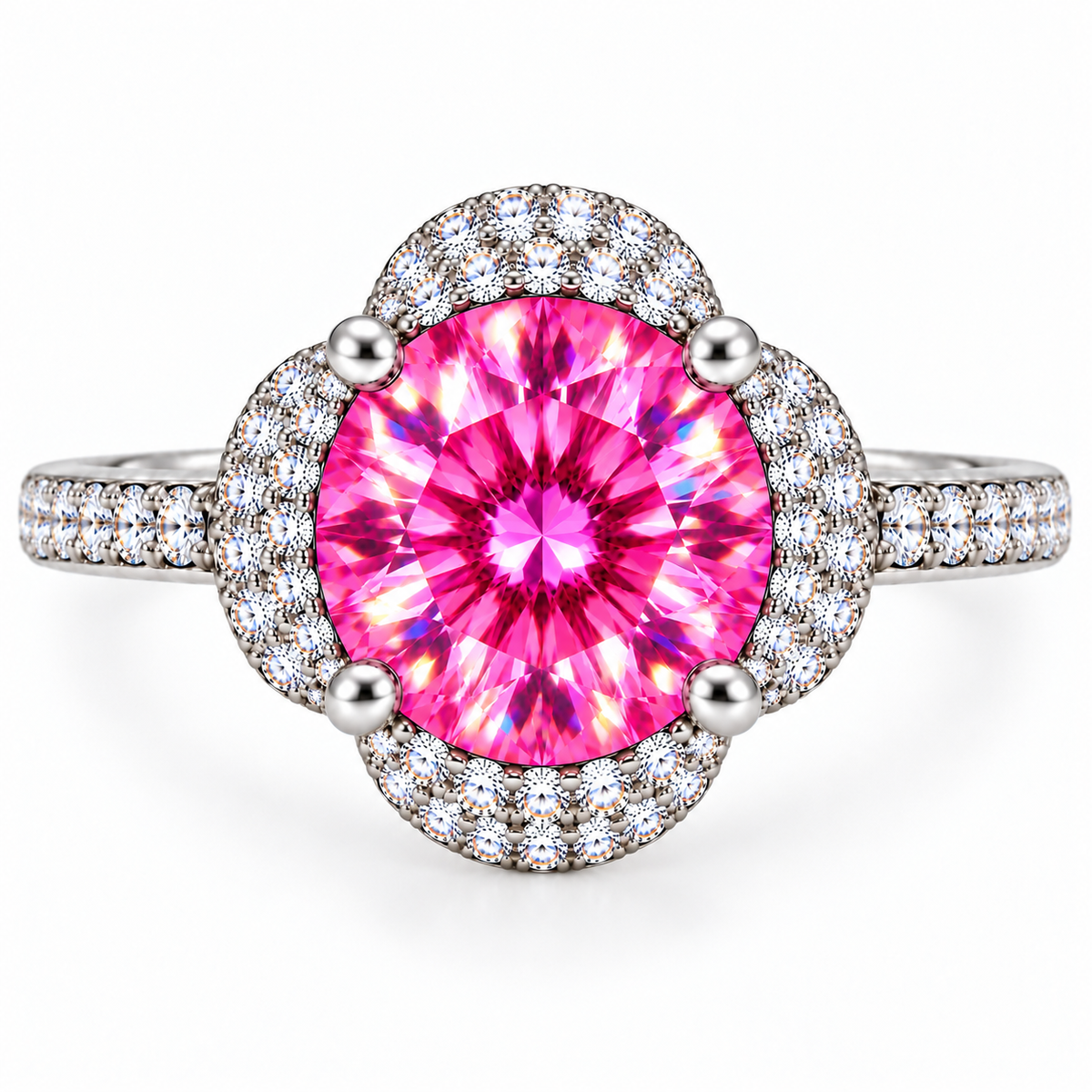 Top-down view of an 8mm VVS1 pink moissanite ring highlighting the symmetrical round brilliant gemstone, vibrant fuchsia-pink facets, four-petal floral halo and sparkling clear cubic zirconia accents.
