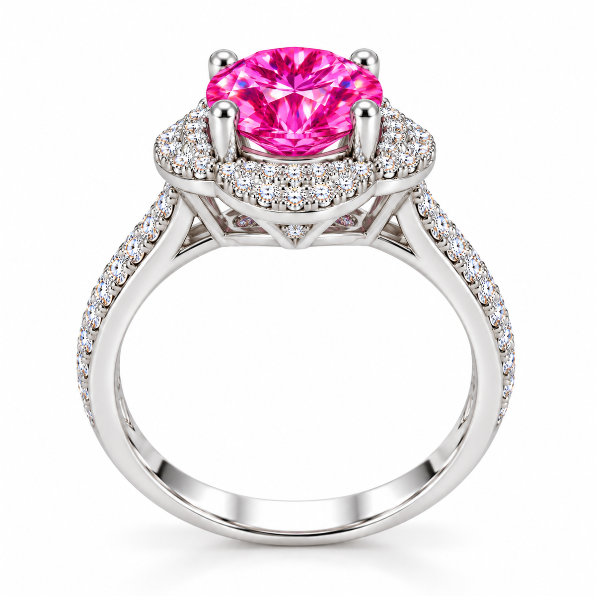 Side profile of a 2 carat pink moissanite floral halo ring showing the raised four-prong center gemstone setting, intricate floral halo gallery and slender pavé-accented sterling silver band.