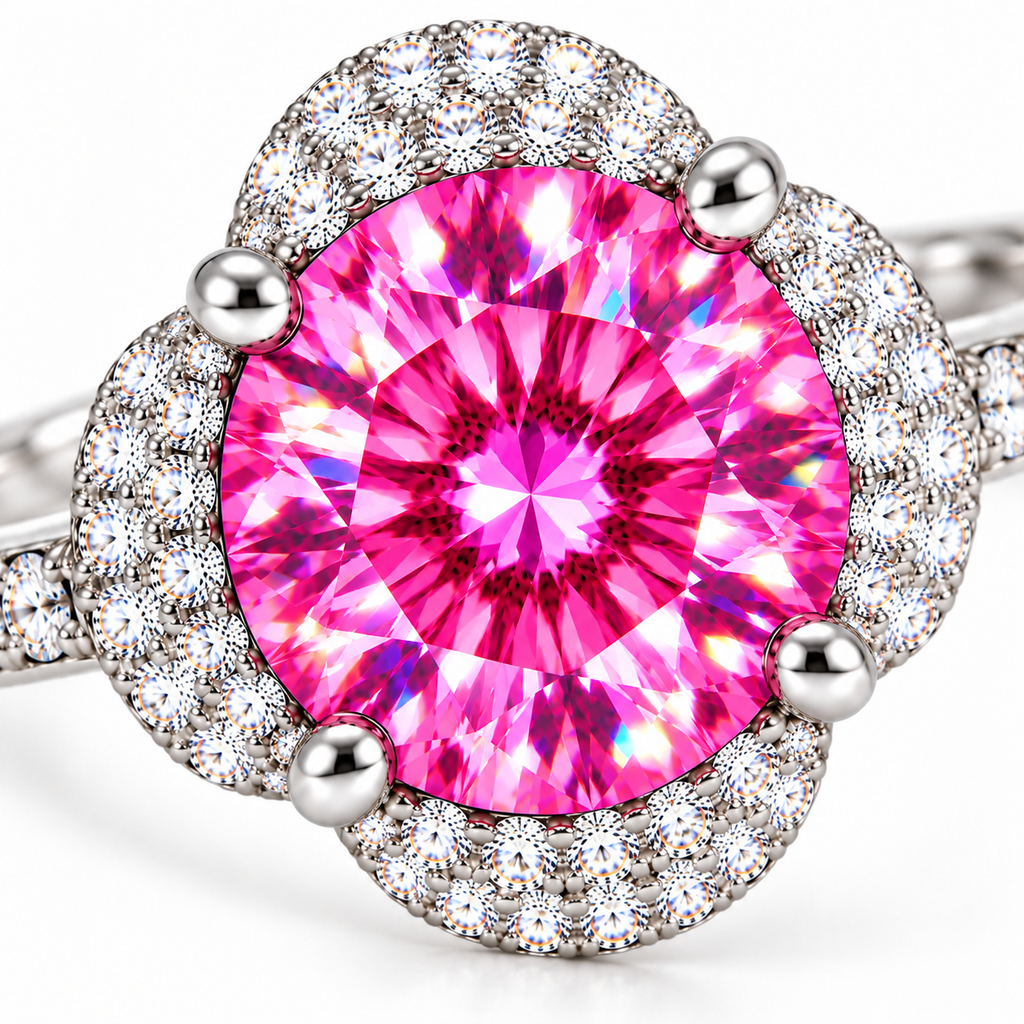 Macro close-up of a 2 carat round brilliant pink moissanite ring revealing vibrant fuchsia and raspberry-pink facets, delicate rainbow fire, four polished prongs and a sparkling cubic zirconia floral halo.