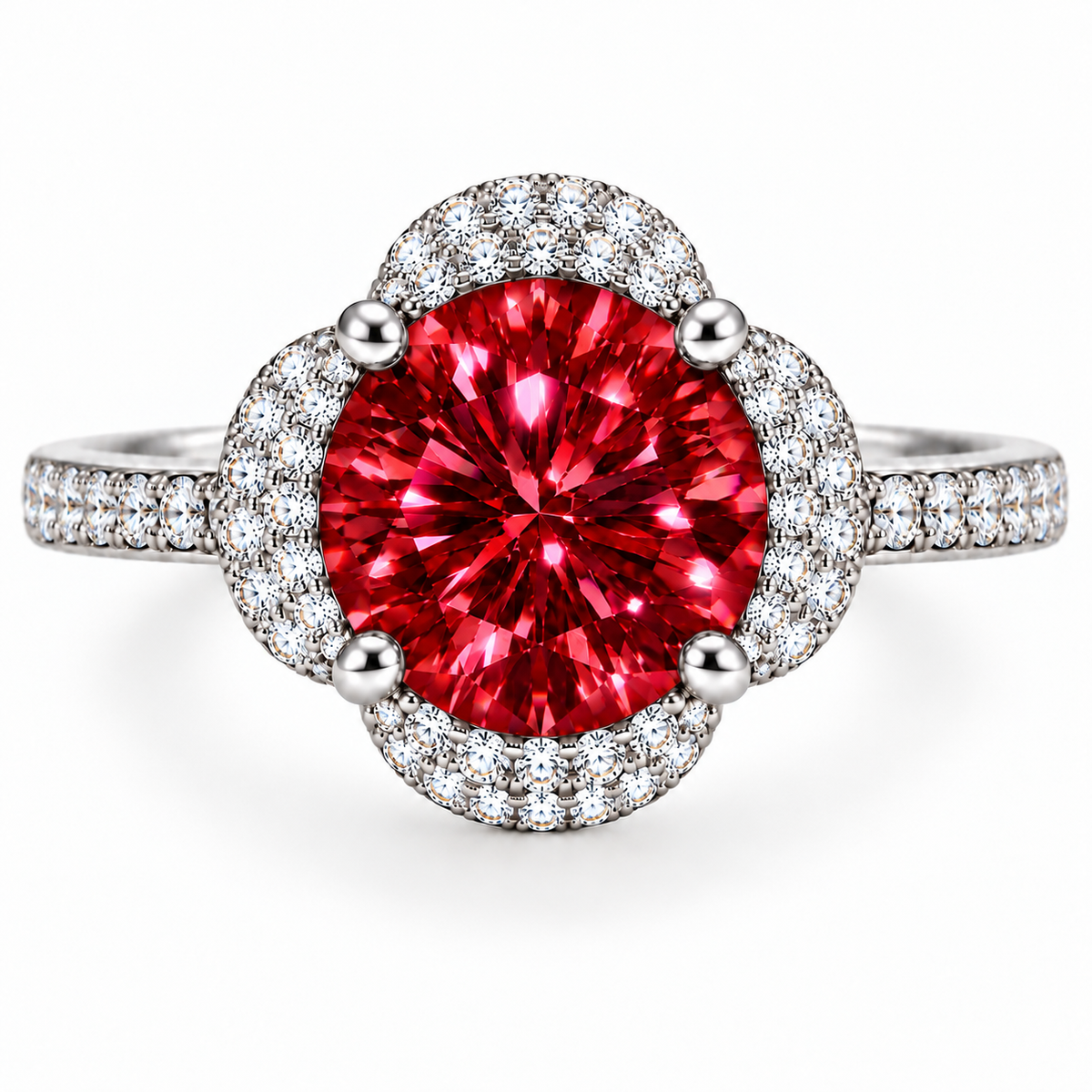 Front view of Phimsera 2 carat VVS1 red moissanite floral halo ring featuring an 8mm round brilliant crimson-red gemstone, four polished prongs, sparkling clear cubic zirconia floral halo and pavé-accented 925 sterling silver band against a pure white background.