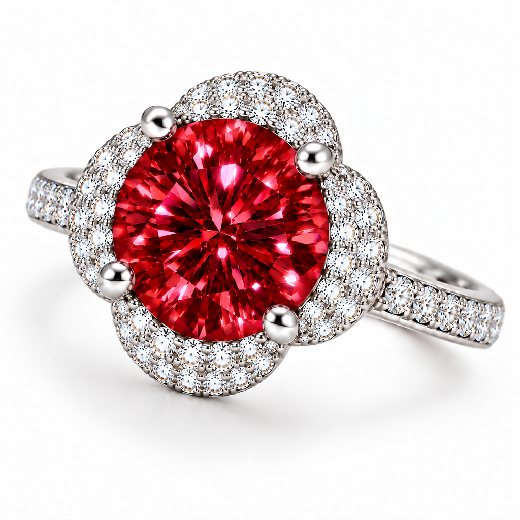 Three-quarter angle of a 2 carat red moissanite floral halo ring showcasing the brilliant 8mm round gemstone, rich crimson reflections, four-petal cubic zirconia halo and polished sterling silver band.