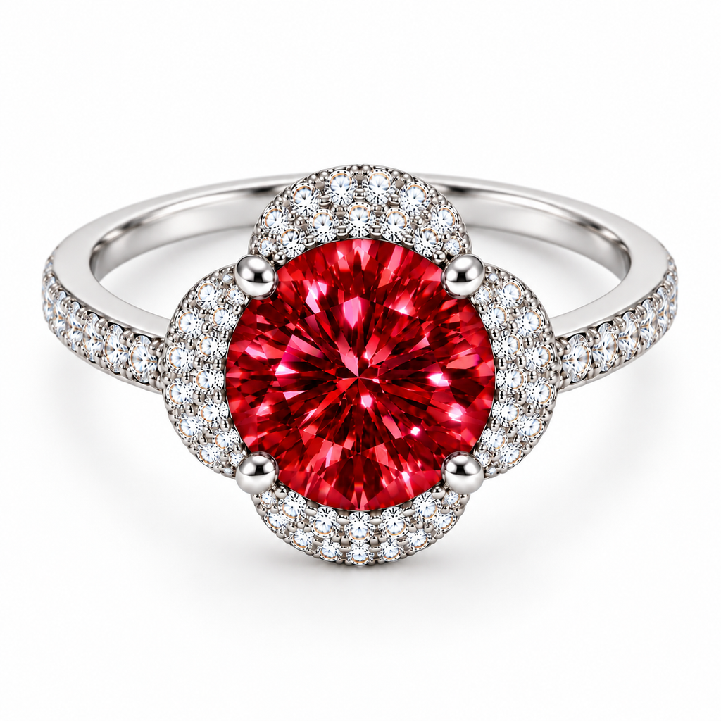 Top-down view of an 8mm VVS1 red moissanite ring highlighting the symmetrical round brilliant gemstone, four-petal floral halo, polished four-prong setting and sparkling clear cubic zirconia band accents.