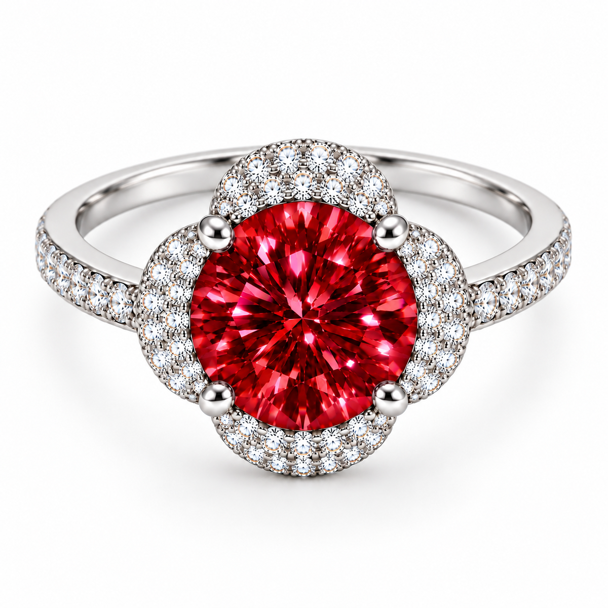 Top-down view of an 8mm VVS1 red moissanite ring highlighting the symmetrical round brilliant gemstone, four-petal floral halo, polished four-prong setting and sparkling clear cubic zirconia band accents.